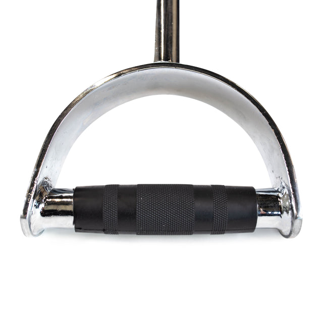 Close-up view of the Bells of Steel Pro-Style Lat Bar Cable Attachment, 38 inches long, chrome-plated with a black rubber grip—ideal for back workouts on cable machines.