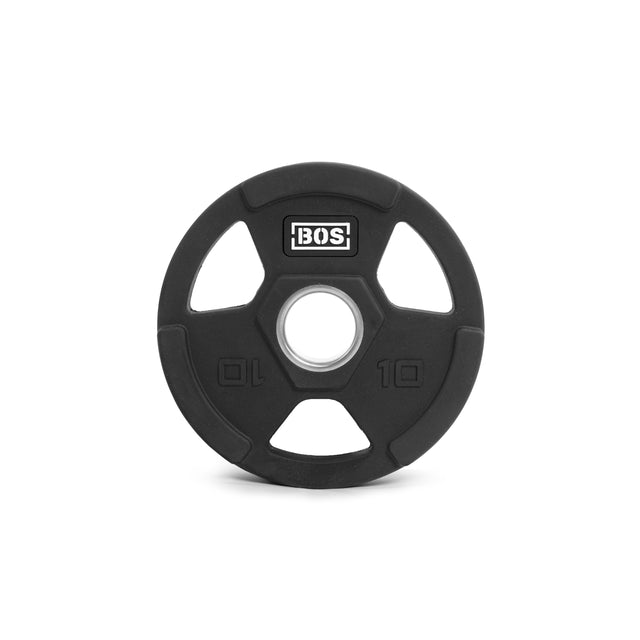 A 10-pound black weight plate, constructed from rubber-coated iron, features ergonomic grip handles and a silver stainless steel hub, with the "BOS" logo in white. Brand: Bells of Steel.