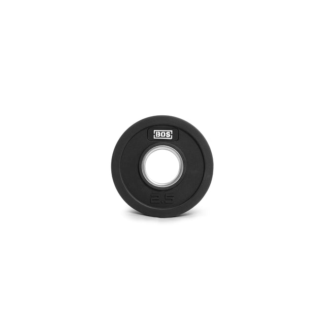 A sleek black round rubber-coated iron weight plate labeled "2.5" features "Bells of Steel" branding and a central hole for a barbell, with a stainless steel hub, isolated on a plain white background.