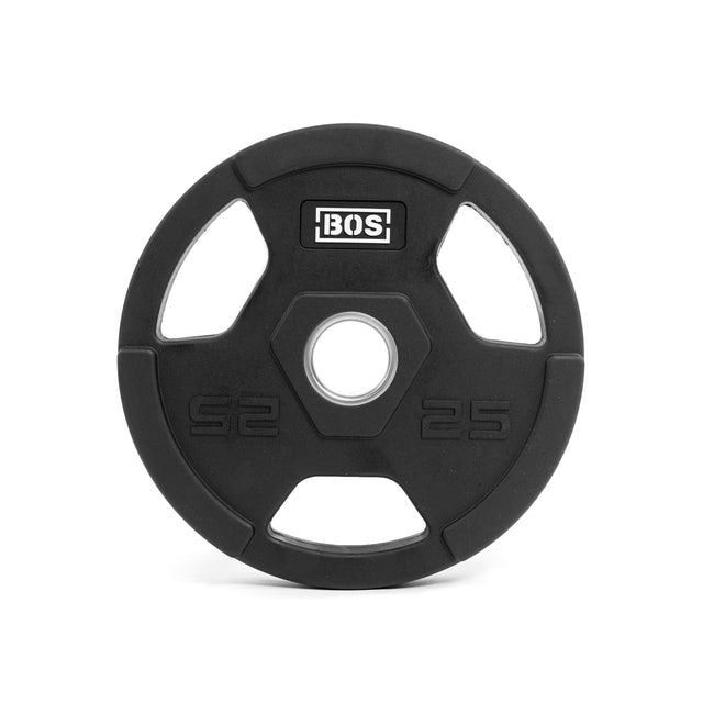 The Rubber Coated Iron Weight Plates from Bells of Steel feature a black design with a hexagonal central hole and ergonomic handles. They are durable and display "25" on both sides, ensuring optimal grip and performance.