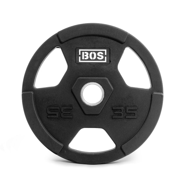 The Bells of Steel Rubber Coated Iron Weight Plates are black with a hexagonal center cutout. They feature ergonomic handles, and "35" with "BOS" is marked in white, designed for barbell use.