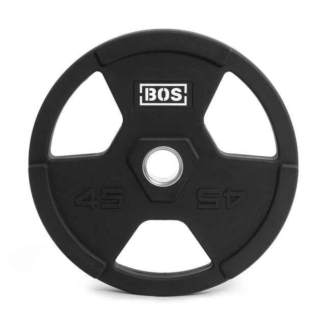 A weight plate with a central hole, featuring "BOS" and "45" twice on its black surface, includes four edge cut-outs. Coated in durable virgin rubber for grip and longevity, it's part of the Rubber Coated Iron Weight Plate Sets by Bells of Steel.