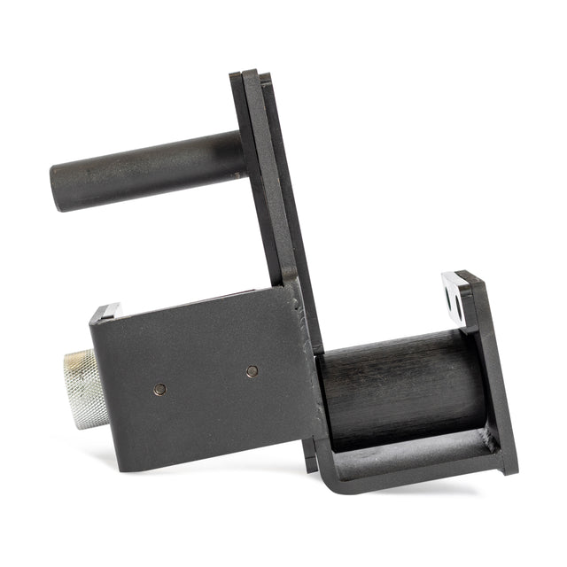 The Bells of Steel Roller J-Cups feature a black metal body, a cylindrical section, silver knurled knob, and flat mounting plates—perfect for barbell protection during bench presses—shown on a white background.