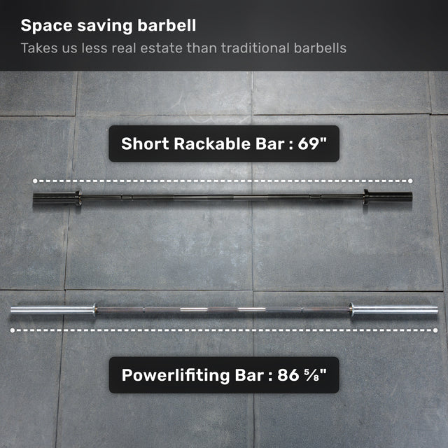 Two barbells lie side by side on a tiled floor. The top, labeled "Short Rackable Barbell," from Bells of Steel, is compact and space-saving—ideal for home gyms. Below it is the longer "Powerlifting Bar." Text above highlights their size difference.