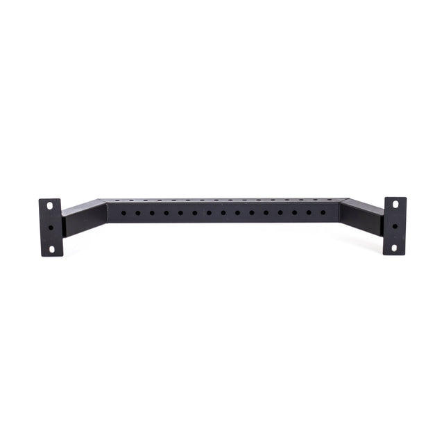 The Bells of Steel Rear Base Stabilizer is a black metal bracket for power racks with perpendicular mounting plates and a center bar featuring spaced holes for adjustable attachment to 3x3 uprights.