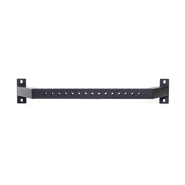 The Bells of Steel Rear Base Stabilizer is a black metal horizontal bracket for 3x3 uprights, with two mounting plates at each end and a central row of evenly spaced holes, shown on a white background.