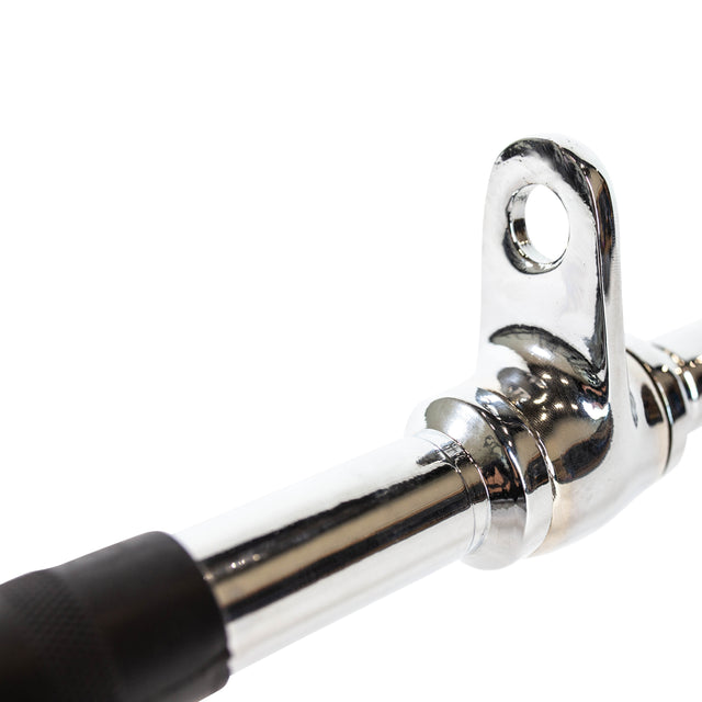 Close-up of the Bells of Steel Straight Bar Cable Attachment (20") in chrome finish, featuring a textured grip and metal eyelet for secure connection to gym equipment, ideal for cable machine workouts.
