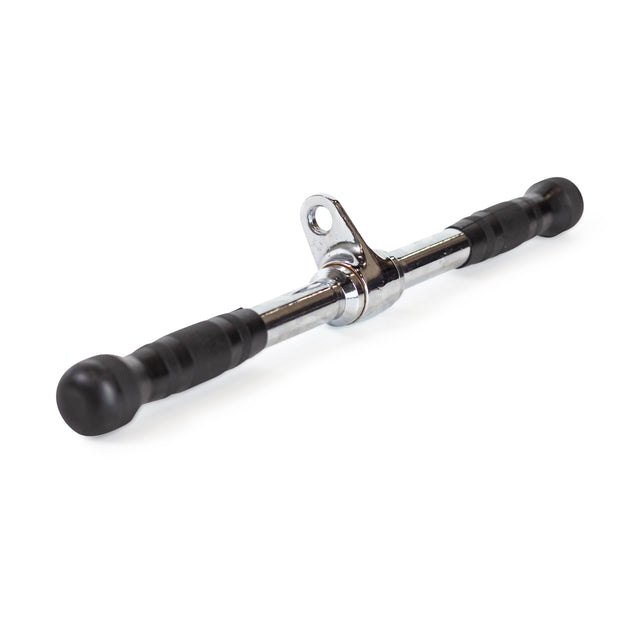 The Bells of Steel Straight Bar Cable Attachment (20") is a chrome-plated bar with rubber grips at both ends and a central cable attachment point, designed for use with gym equipment and shown on a white background.
