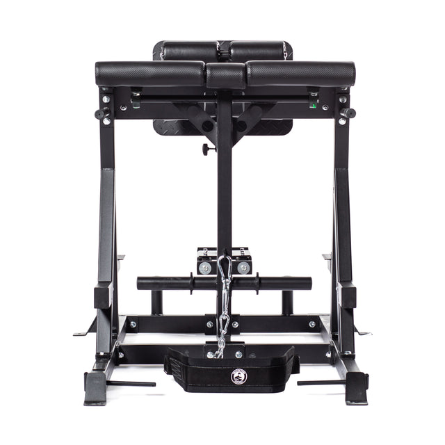 The Bells of Steel Reverse Hammer 2 In 1 GHD and Reverse Back Extension is a black Roman chair with padded supports and a sturdy metal frame, ideal for targeting the posterior chain during reverse back extensions in gym or home workouts.