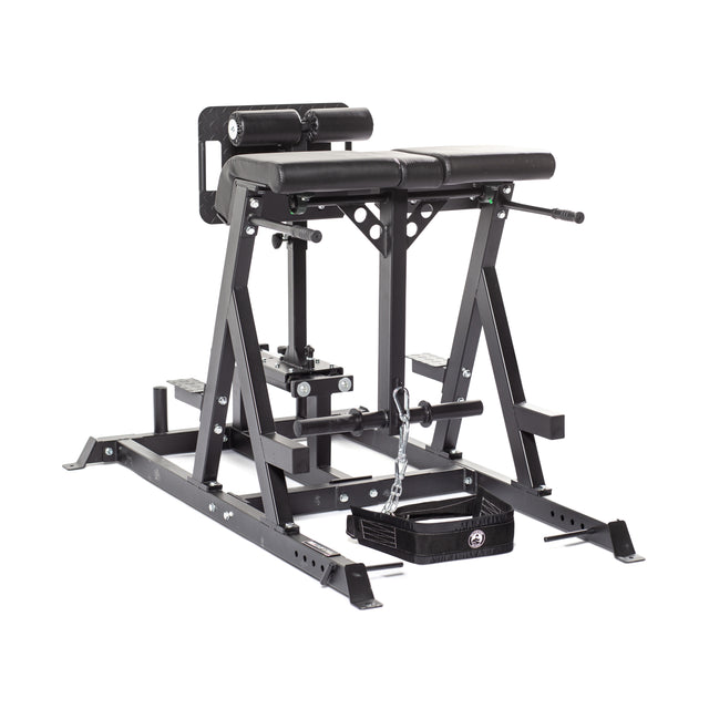The Reverse Hammer 2 In 1 GHD And Reverse Back Extension by Bells of Steel stands against a white backdrop, highlighting its sturdy metal frame and padded leg supports. Ideal for targeting the posterior chain, this machine is perfect for hamstring curls, glute workouts, and Reverse Back Extensions.