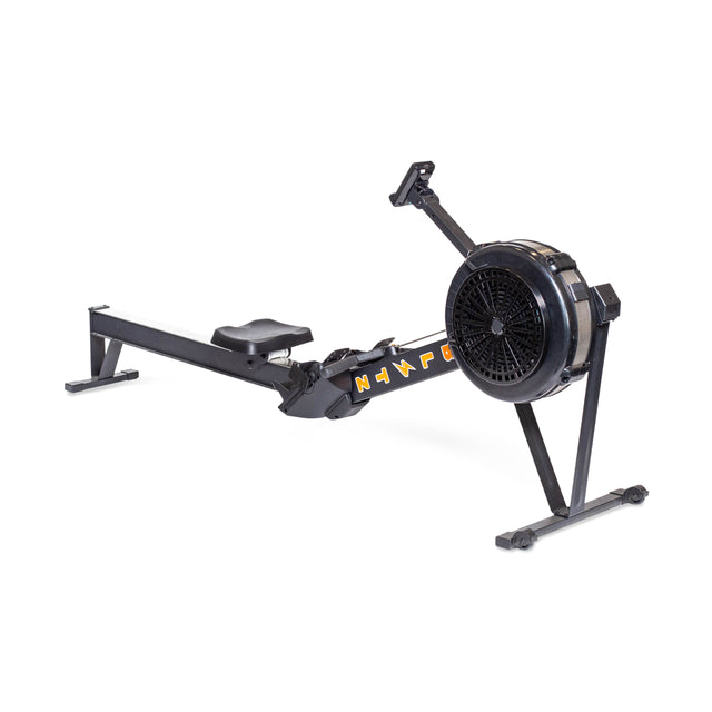 The Bells of Steel Blitz Air Rower is a stylish and functional black rowing machine with a long seat rail, fan flywheel, and footrests. Featuring yellow text on the side and set against a white background, it promises a low-impact cardio workout.