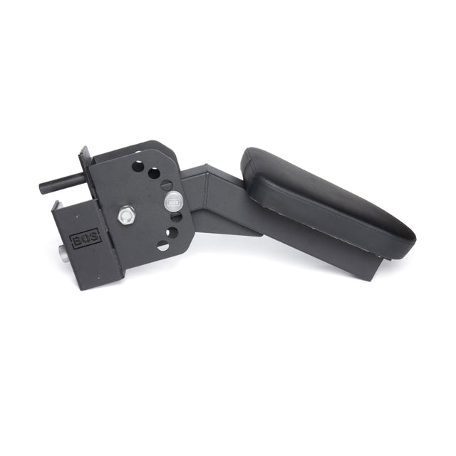 The Bells of Steel Seal Row Pad Rack Attachment features a padded black adjustable armrest with multiple adjustment holes and a metal mounting bracket—ideal as a chest support for your power rack.
