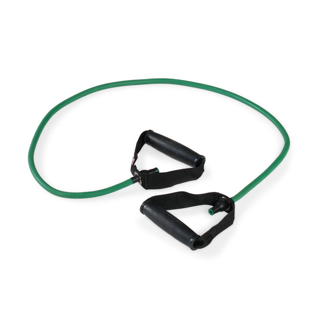 A Bells of Steel Human Trainer - Ripcords resistance exercise band in green, featuring black rubber handles on each end, laid out in a loose loop on a white background.