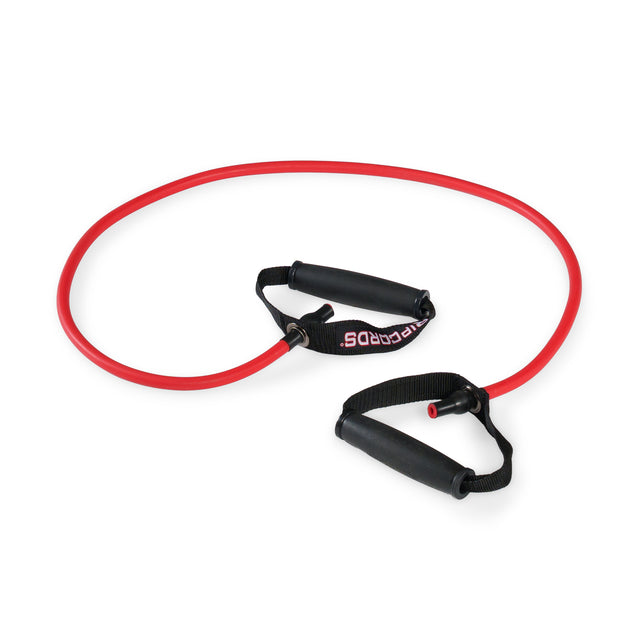 A red Human Trainer - Ripcords resistance band by Bells of Steel, featuring durable rubber handles, is arranged in an oval shape on a white background.