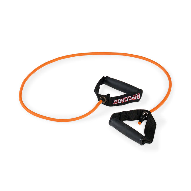 An orange premium resistance band with black rubber grip handles, one of which features the brand name “Bells of Steel” in white and red text. The product is called the Human Trainer - Ripcords.