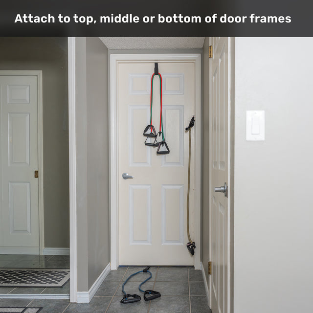 Bells of Steel Human Trainer – Ripcords exercise resistance bands with rubber grip handles are attached at the top, middle, and bottom of a white door, demonstrating the various possible workout positions. Text at the top reads: “Attach to top, middle or bottom of door frames.”.