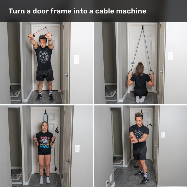 Two people use the Bells of Steel Human Trainer - Ripcords resistance bands, featuring advanced door anchor attachments, to perform exercises like overhead pulls, seated rows, lateral raises, and chest flys. The text above states: “Turn a door frame into a cable machine.”.
