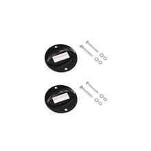 Two round black metal Human Trainer - Ceiling Mounts by Bells of Steel, each featuring handles and designed as secure anchor points for resistance bands, are shown on a white background. Each mount comes with three screws, three washers, and three nuts.
