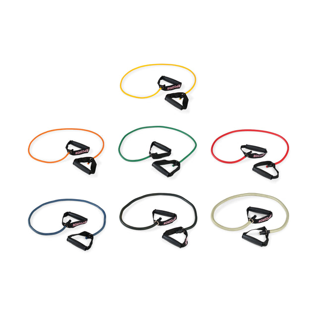 Six premium Human Trainer - Ripcords resistance bands by Bells of Steel, in yellow, red, green, orange, blue, and gray, are displayed in two rows on a white background. Each band is equipped with durable black rubber grip handles at both ends for enhanced comfort and control.