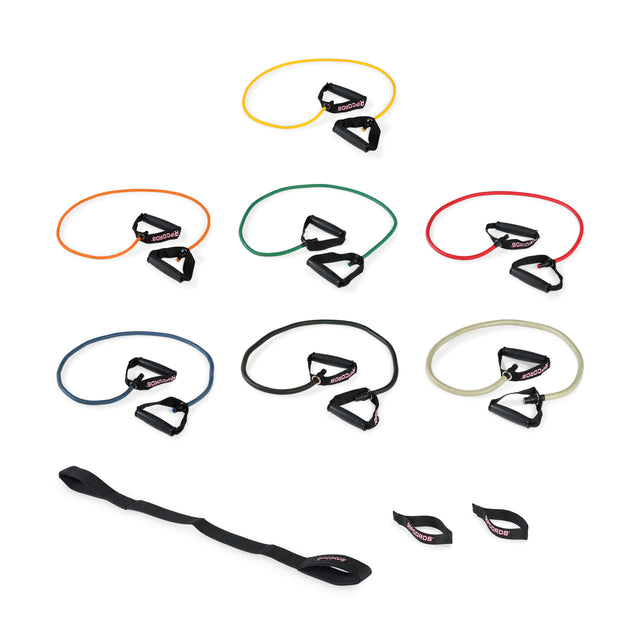 Seven Bells of Steel Human Trainer - Ripcords resistance bands in different colors, each featuring sturdy rubber handles, are arranged on a white background. Below them are a black door anchor and two small fabric loops.