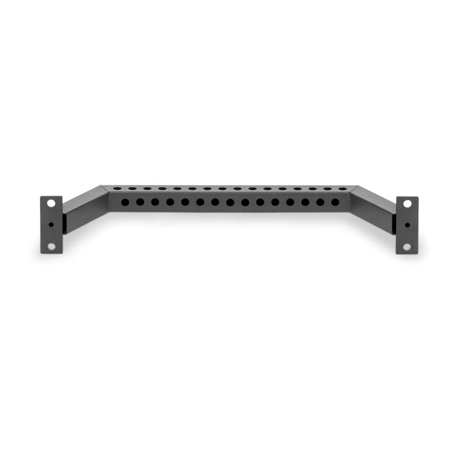 The Bells of Steel Rear Base Stabilizer is a black metal bracket featuring multiple evenly spaced holes along the center and mounting plates with four holes at each end, designed for power racks with 3x3 uprights. Shown against a white background.