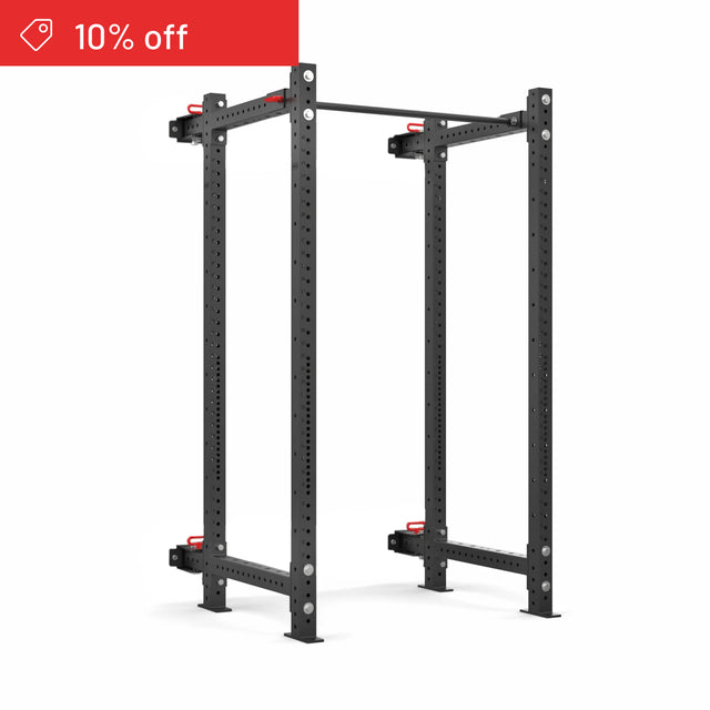 The Bells of Steel Roc Foldable 4 Post Cage Builder (3" x 3", ⅝" Holes) is a black metal power rack with adjustable height, shown against a white background. A red banner in the top left corner says "10% off." Ideal for any home gym.