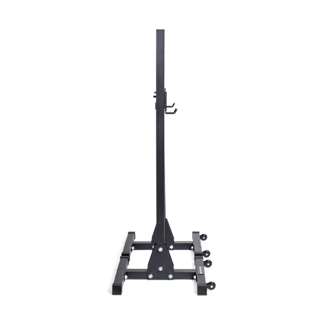 The image shows the Bells of Steel Squat Stands (2.3" x 2.3", ⅝" HOLES), black metal stands with multiple hooks and a sturdy, angled base, photographed from the side against a white background.