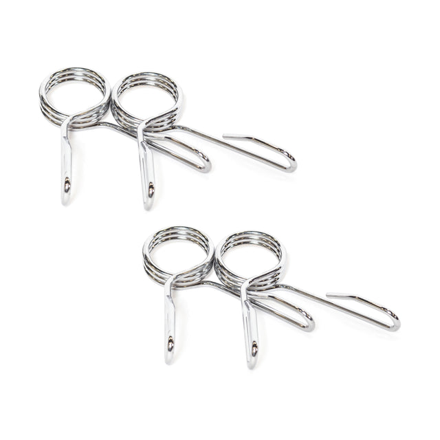 Two sets of Bells of Steel Spring Collars, each with coil springs and handles, rest on a white backdrop. Ideal for securing weight plates on Olympic barbell sleeves, these polished chrome clamps ensure a safe and focused workout.