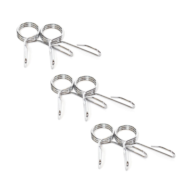 Three Bells of Steel Spring Collars, designed for Olympic barbell sleeves, are arranged in a triangle on a white background. Their polished chrome finish and dual circular clasps with metal handles ensure weight plates stay secure during workouts.