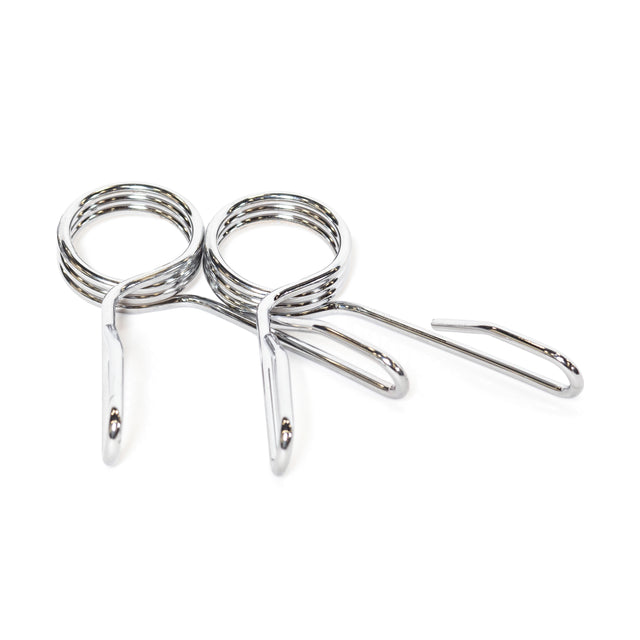 Two Bells of Steel Spring Collars featuring shiny metal coils and double handles, displayed against a white background. They are designed to secure weight plates on Olympic barbell sleeves.