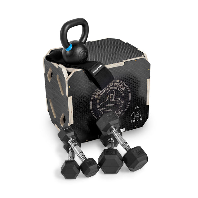 The Bells of Steel Strength Circuit Starter Kits feature a black plyo box, kettlebell, resistance band, and three hex dumbbells—perfect for an effective home workout.