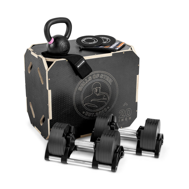 The Bells of Steel Strength Circuit Starter Kits include a black plyometric box, kettlebell, two adjustable dumbbells, and circular grip pads—ideal for home workouts. All products are shown on a white background.