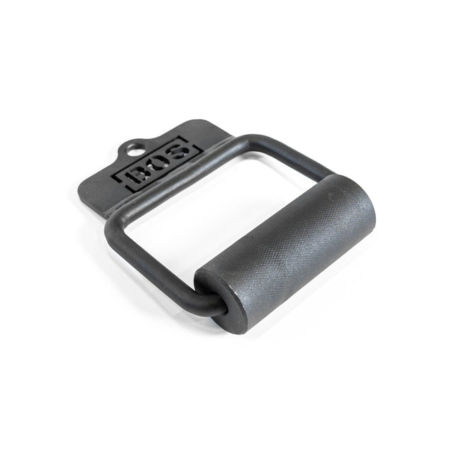 A Bells of Steel Fat Bar - Single D Handle gym cable attachment in black metal with a textured grip and flat mounting plate labeled "BOS" is shown on a white surface.
