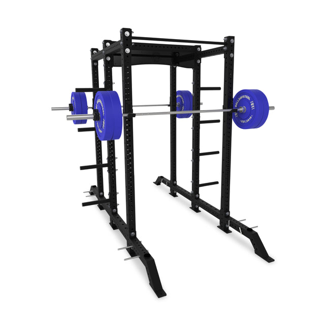 The Bells of Steel Hydra 2-Sided Rack, shown in black with a barbell and blue plates, is ideal for weightlifting exercises like squats and bench presses. Build your custom setup with the Hydra 2-Sided Rack.