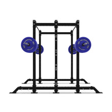 The Bells of Steel Hydra 2-Sided Rack is a black metal modular power rack with four vertical posts and two blue barbells on each side, ideal for weightlifting, strength training, or team workouts.