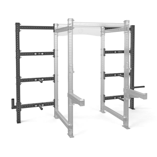 The Bells of Steel Hydra Batwing Storage is attached to 3x3 uprights, showcasing its modular black steel design and seamless integration with your power rack system.