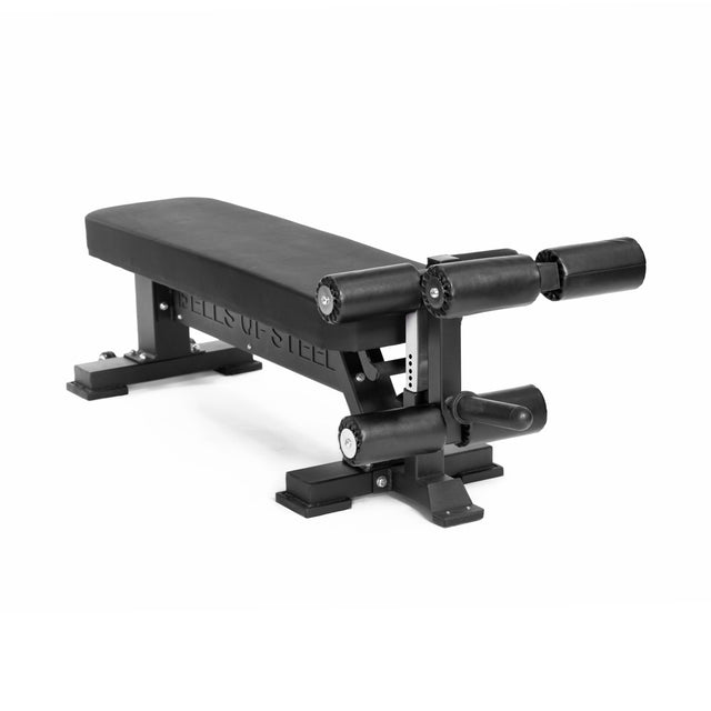 The Bells of Steel Hero Heavy-Duty Weight Bench features black padding, a metal frame, foot rollers for leg support, and a 1,000lb capacity—perfect for strength training and powerlifting flat bench workouts.