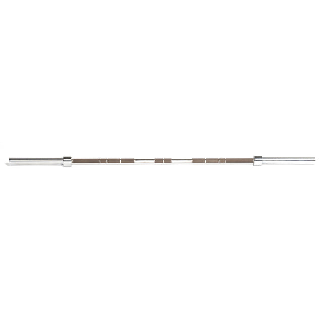 The Bells of Steel Hydra Seven Ring Bar is a metal Olympic weightlifting bar featuring aggressive knurling for a secure grip and smooth sleeves for weight plates, shown on a white background.