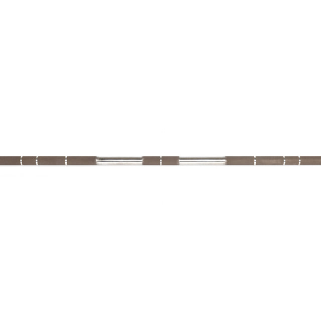 The Bells of Steel Hydra Seven Ring Bar is a long, horizontal powerlifting bar with aggressive knurling and evenly spaced dark grip marks, featuring a metallic center on a plain white background.
