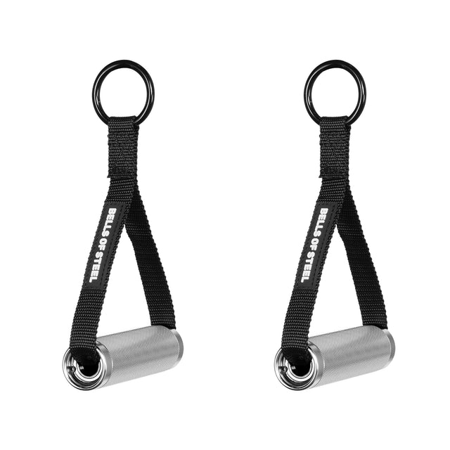 A pair of Bells of Steel Aluminum Handles with bearings, featuring black straps, metal rings on top, and labeled silver grips are displayed on a white background.