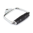 The Bells of Steel Single D Handle Cable Attachment features a chrome-plated design with a black knurled rubber grip and is displayed against a white background.