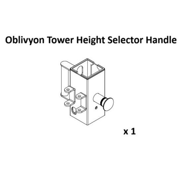 Line drawing of a rectangular metal bracket labeled “Oblivyon Cable Tower Spare Parts” by Bells of Steel, featuring one cylindrical handle, bolts on the side, and text “x 1” below it. This Selector Handle is an essential component of the Oblivyon Tower Weight Stack Cable system.