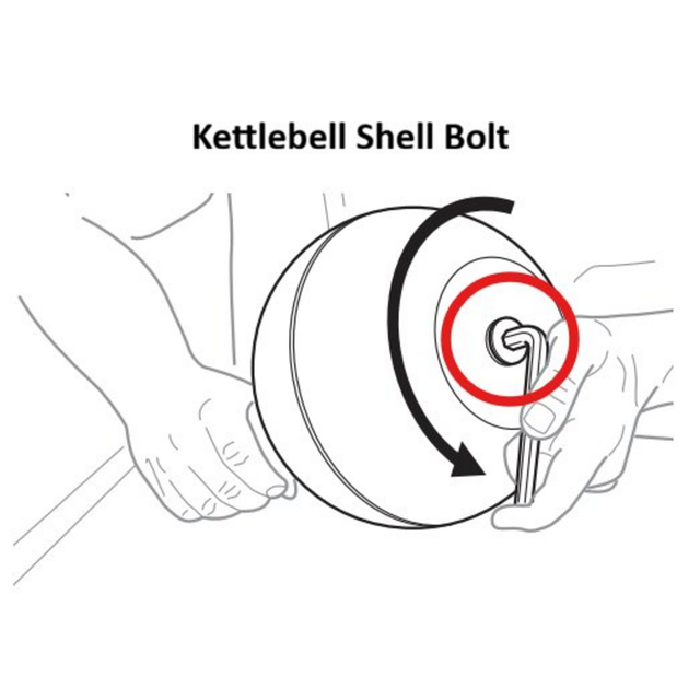 Line drawing showing hands turning a bolt on the Bells of Steel Adjustable Kettlebell & Macebell Spare Parts with a hex wrench, highlighted by a red circle and a black curved arrow indicating clockwise rotation.