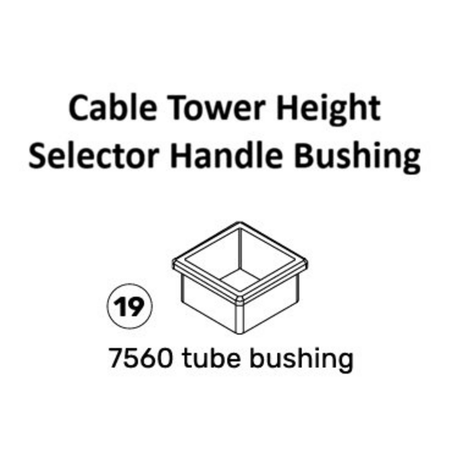 Diagram of a square bushing labeled “Cable Tower Spare Parts (STK-PULT4-MA / PULT5-MA),” by Bells of Steel, designed for secure attachment to the cable tower handle bushing system, with the number 19 and text “7560 tube bushing” below the image.
