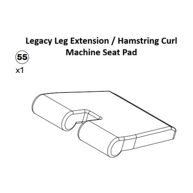 Black-and-white line drawing of a machine seat pad with two cylindrical cushions; labeled “Plate-Loaded Leg Extension Spare Part” from Bells of Steel. This seat pad is compatible with plate-loaded leg extension machines. Text indicates quantity is 1 and part number is 55.