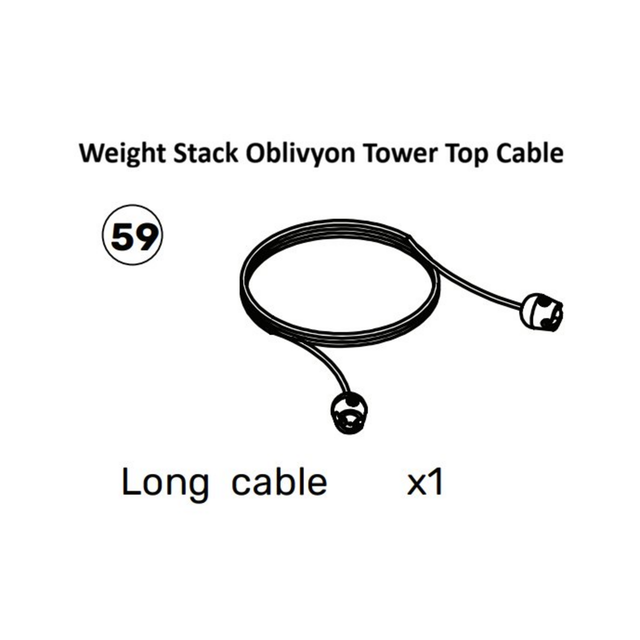 Black and white diagram of an "Oblivyon Cable Tower Spare Part" (Bells of Steel), labeled as part 59, showing one long cable with connectors at both ends. Text: "Long cable x1.