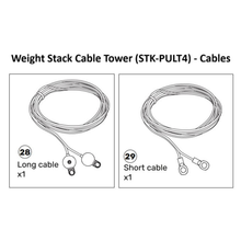 Illustration shows two labeled cables for the Bells of Steel Cable Tower Spare Parts (STK-PULT4-MA / PULT5-MA): "Long cable x1" on the left and "Short cable x1" on the right, each spare weight stack cable coiled with connectors at the ends.