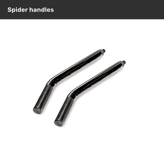 Two black metal spider handles with an angled design from Bells of Steel, designed for the Safety Squat Bar - The SS4, shown parallel on a white background—ideal for leg workouts or enhancing your SS4 exercises.