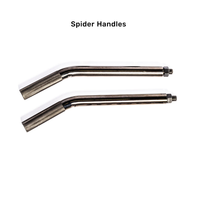 Two metal Spider Handles are depicted diagonally on a white background, featuring a threaded bolt and curved design. They're compatible with the Bells of Steel Safety Squat Bar - The SS4, making them ideal for versatile squat exercises.