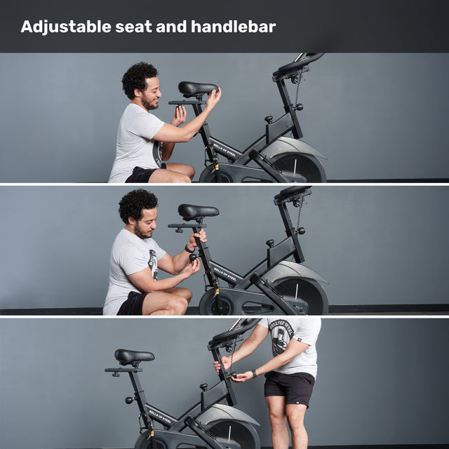 A man demonstrates in three steps how to adjust the seat and handlebars of the Bells of Steel Blitz Indoor Cycling Bike, showing both features can be customized for comfort.